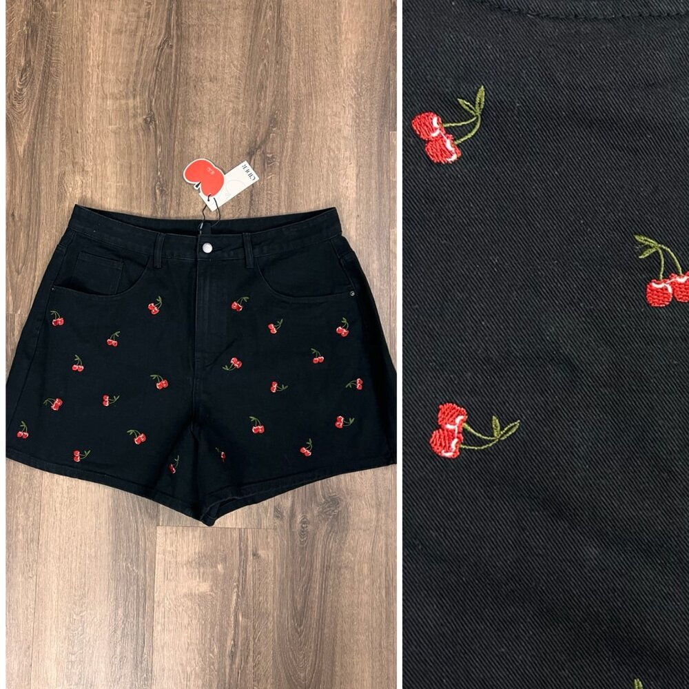 NEW Cider Denim Mid Rise Cherry Embroidery Black Denim Shorts Sz 12/14
